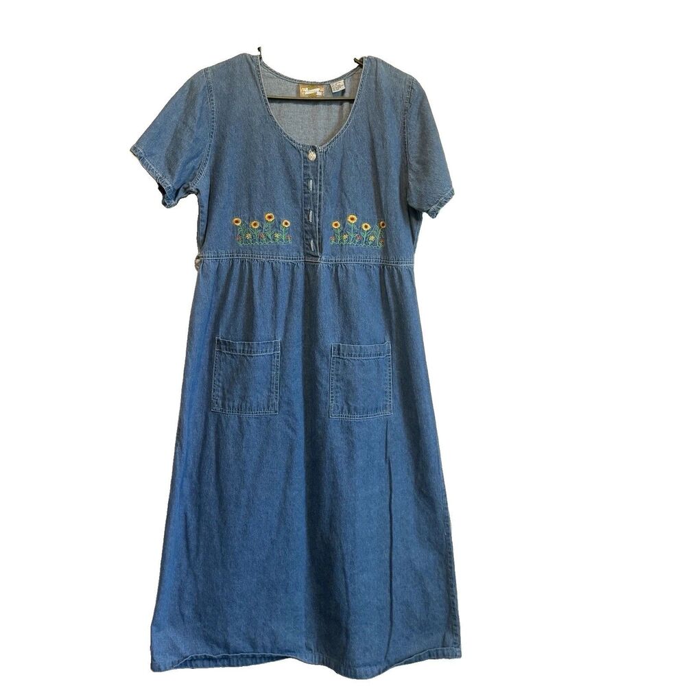VTG 90s Prestige Global Denim Sunflower Embroidered Dress M Cottagecore Midi